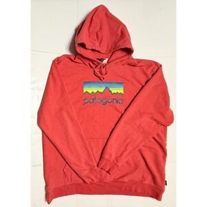 Patagonia Mens XXL Red Organic Cotton Fitz Roy Rainbow Logo Hoodie Sweatshirt